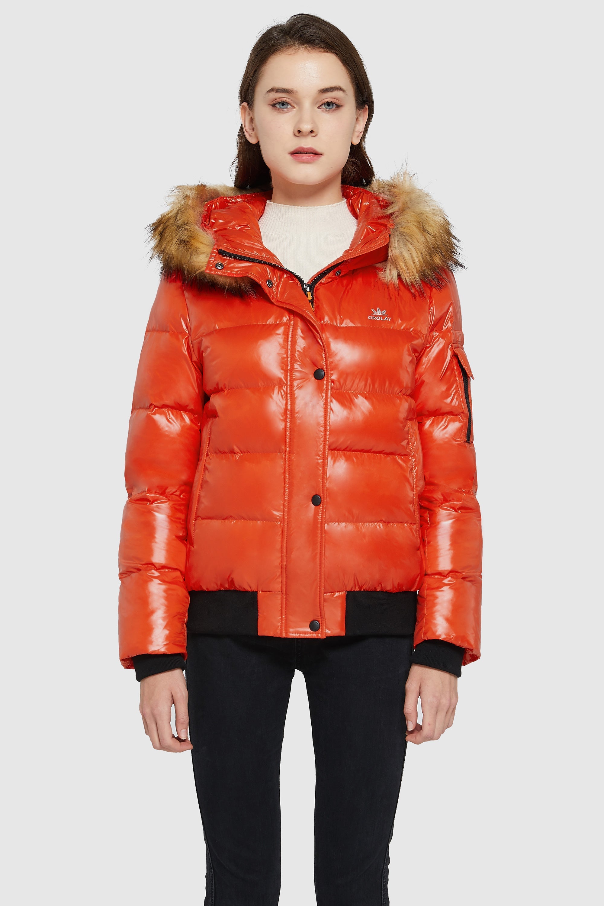 Orolay-Thickened Winter Shiny Puffer Jacket-#color_Red Orange