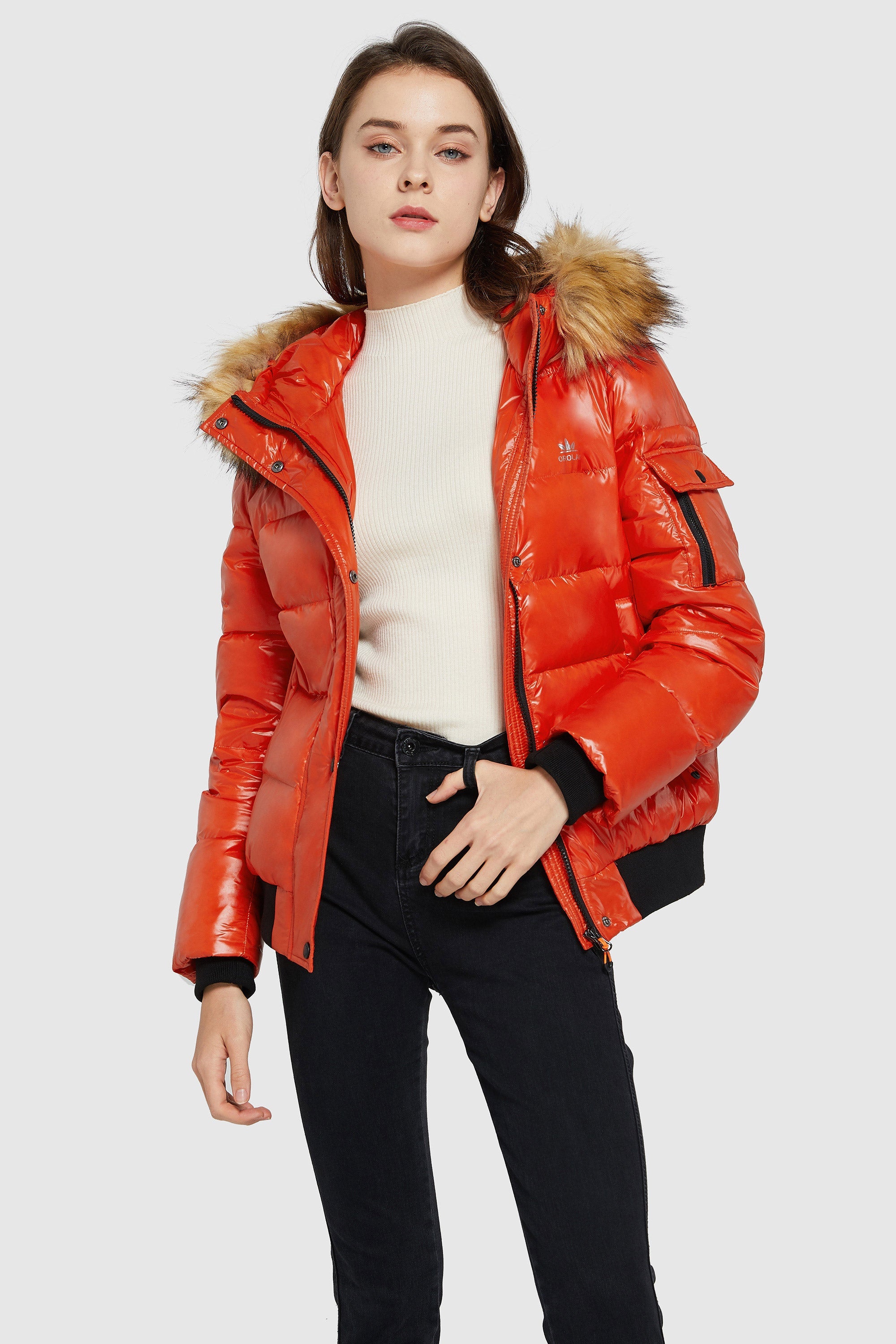 Orolay-Thickened Winter Shiny Puffer Jacket-#color_Red Orange