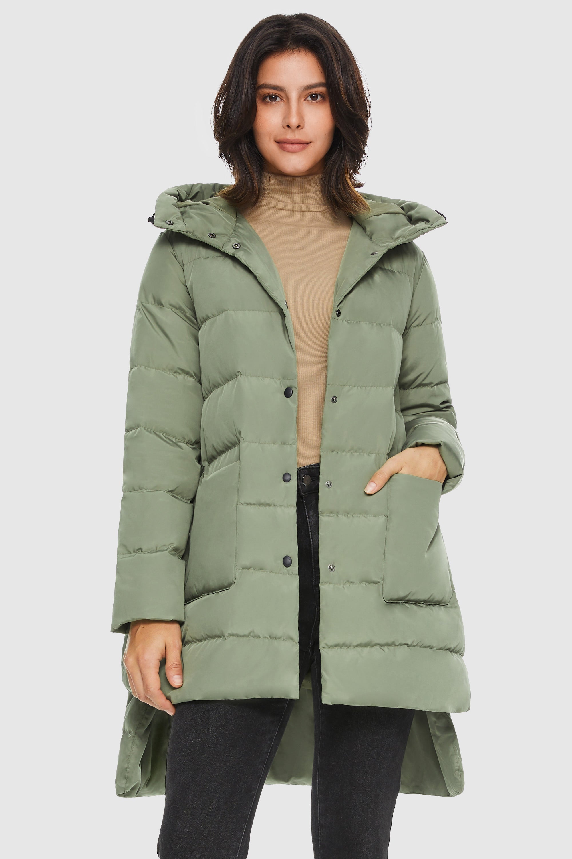 Orolay-Unique Cut Hooded Puffer Coat-#color_Sage Green