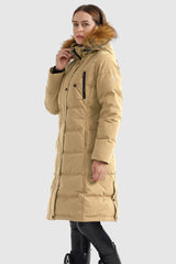 Orolay-Windproof Puffer Fur Hooded Down Coat-#color_Sand