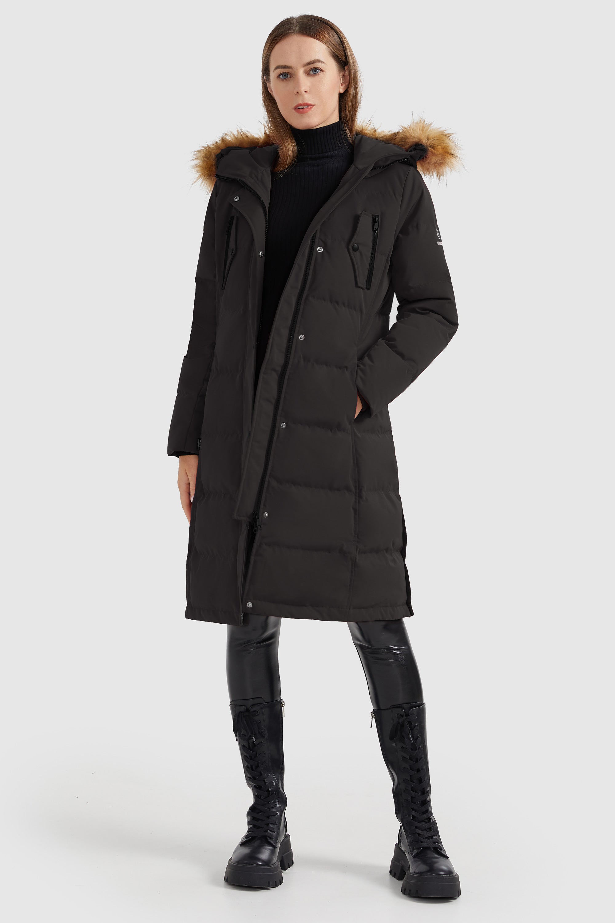 Orolay-Windproof Puffer Fur Hooded Down Coat-#color_Black