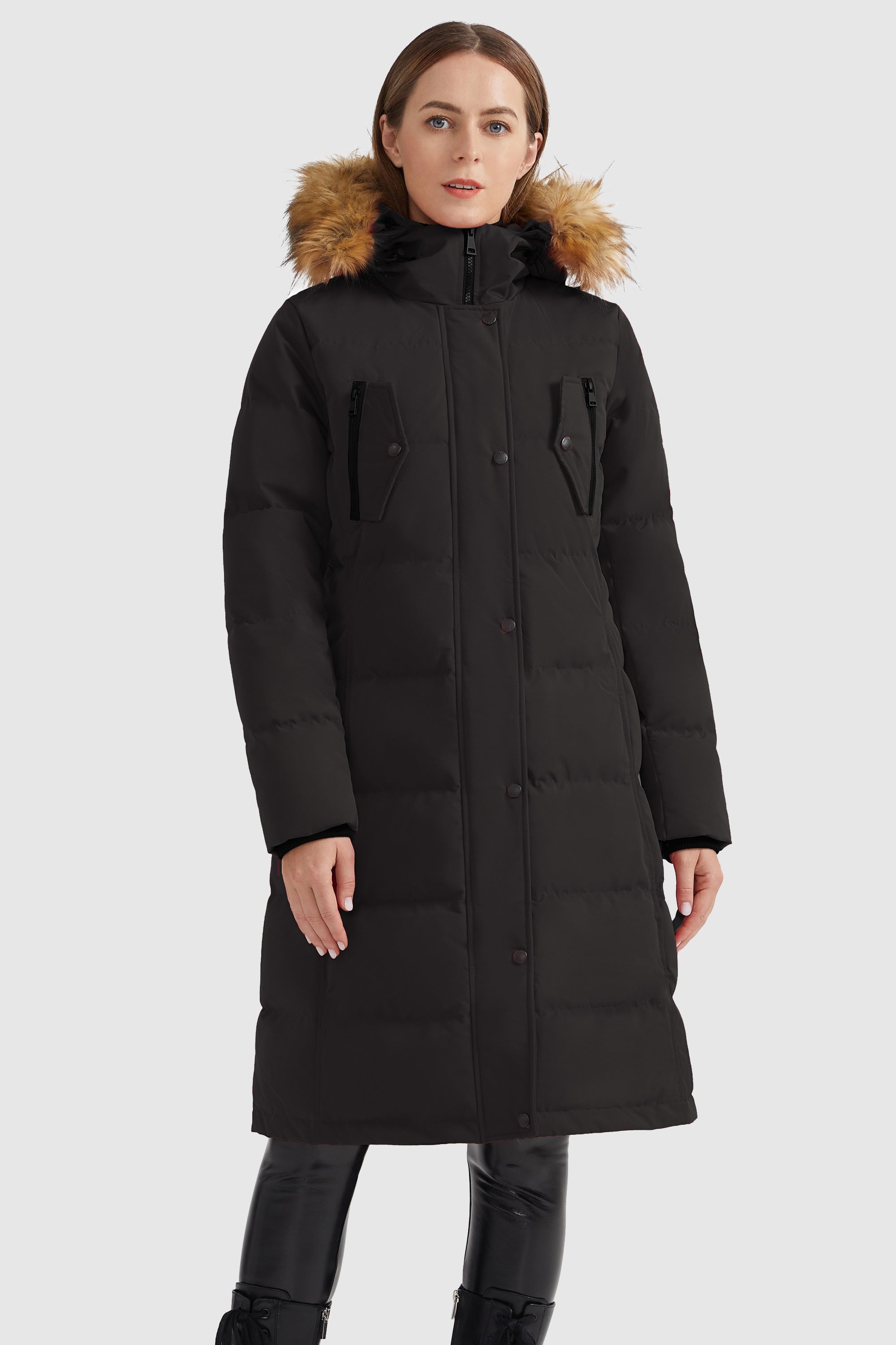 Orolay-Windproof Puffer Fur Hooded Down Coat-#color_Black