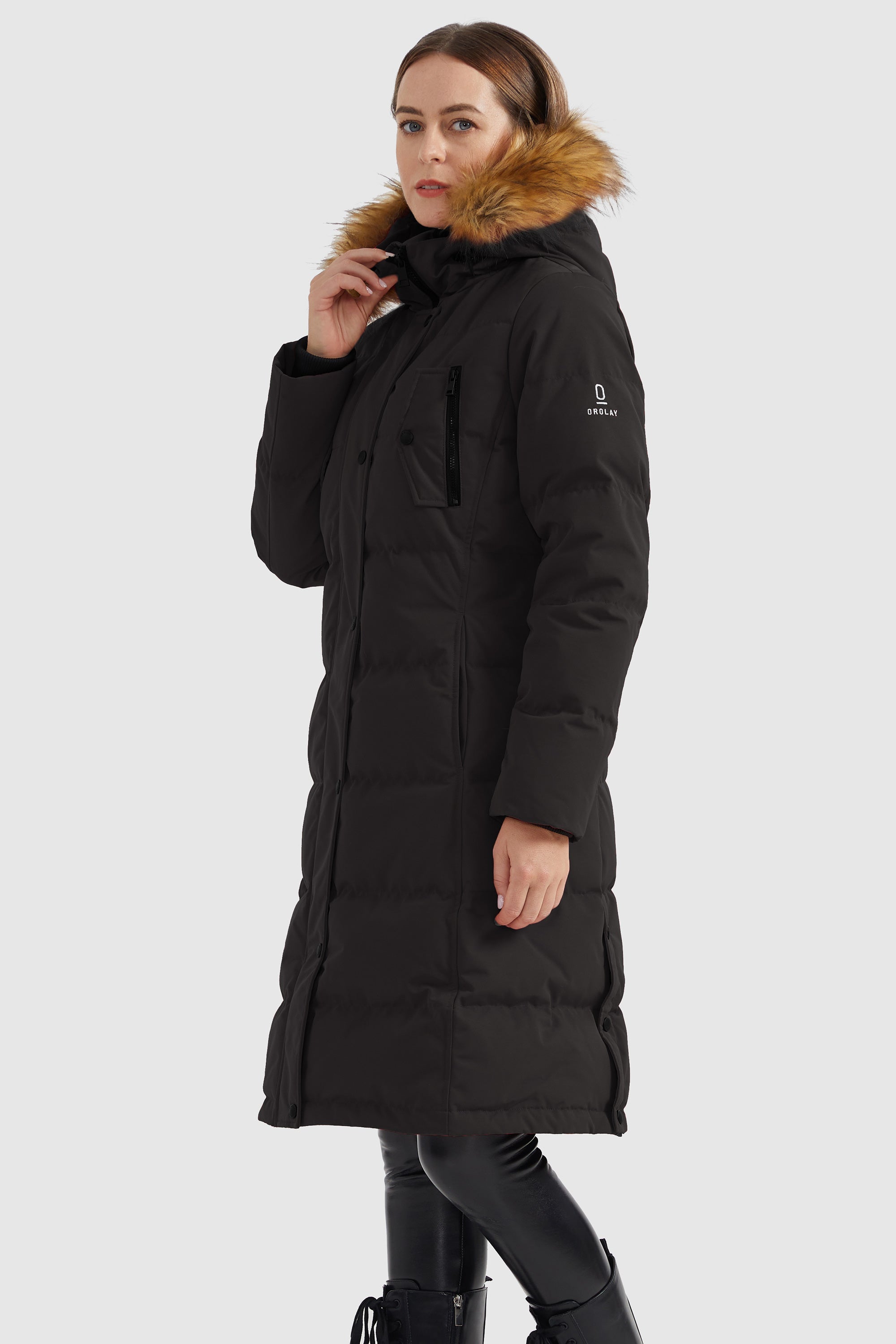 Orolay-Windproof Puffer Fur Hooded Down Coat-#color_Black