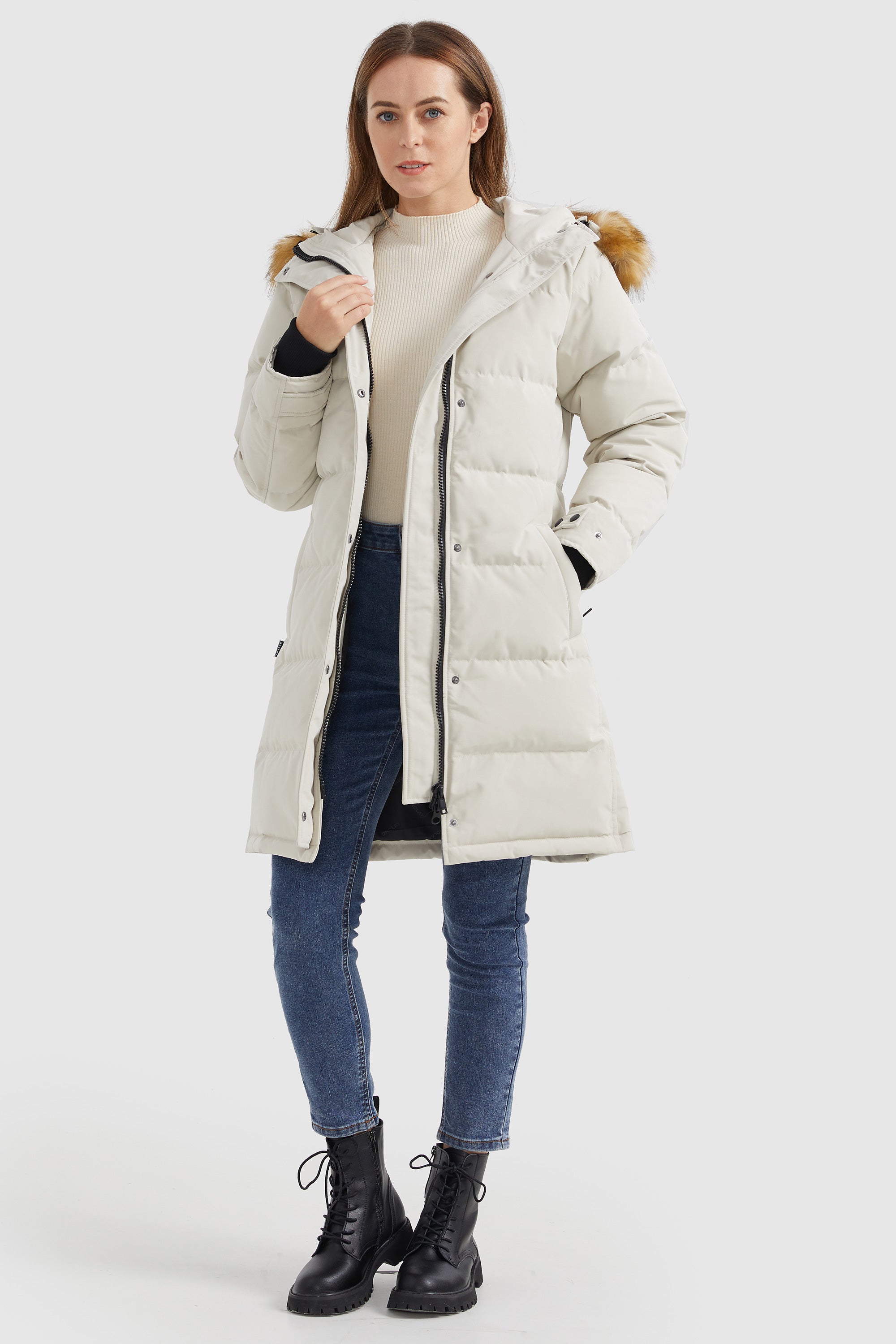 Orolay-Windproof Puffer Fur Hooded Down Coat-#color_Tofu