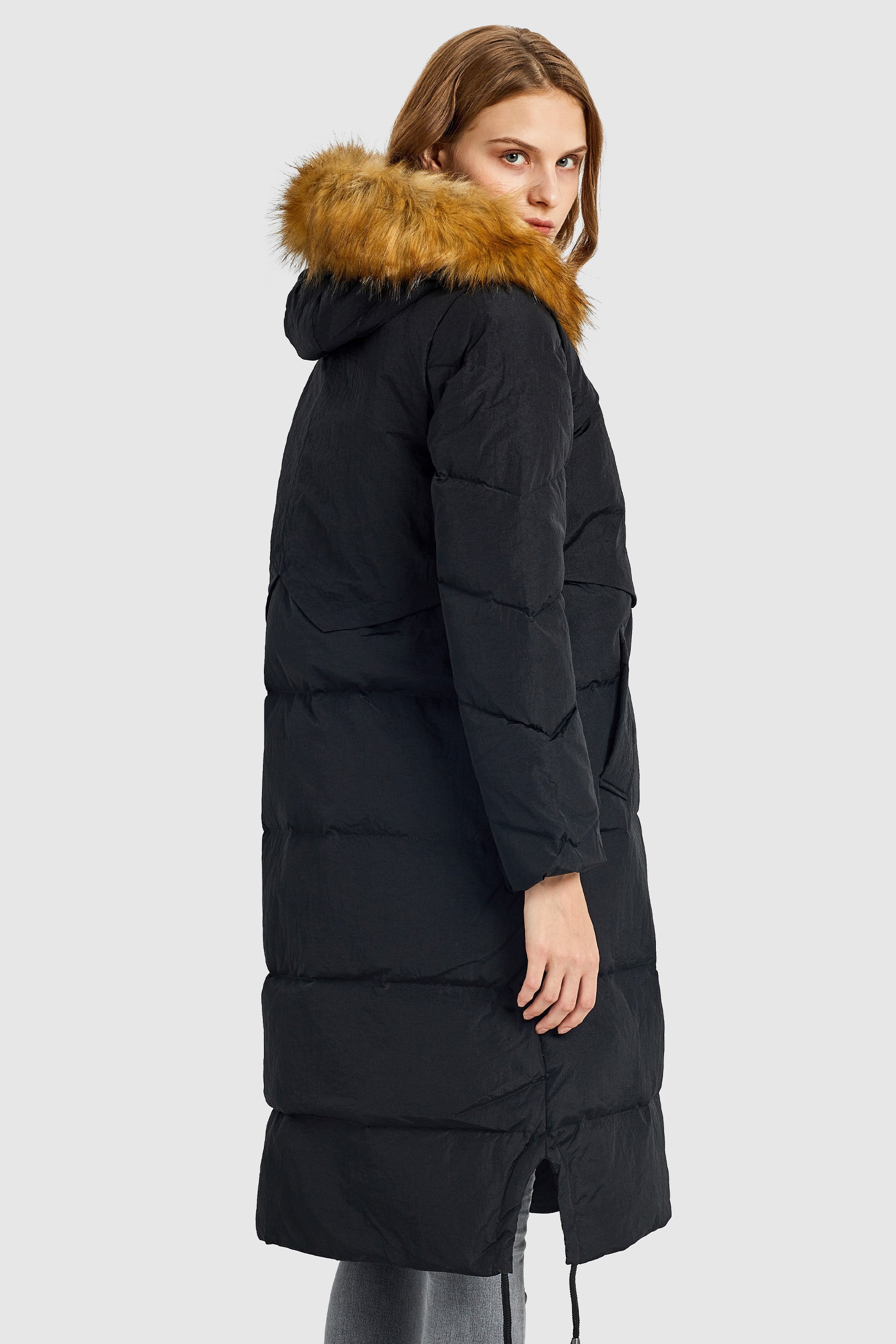 Orolay-Winter Drawstring Down Coat Removable Faux Fur-#color_Black