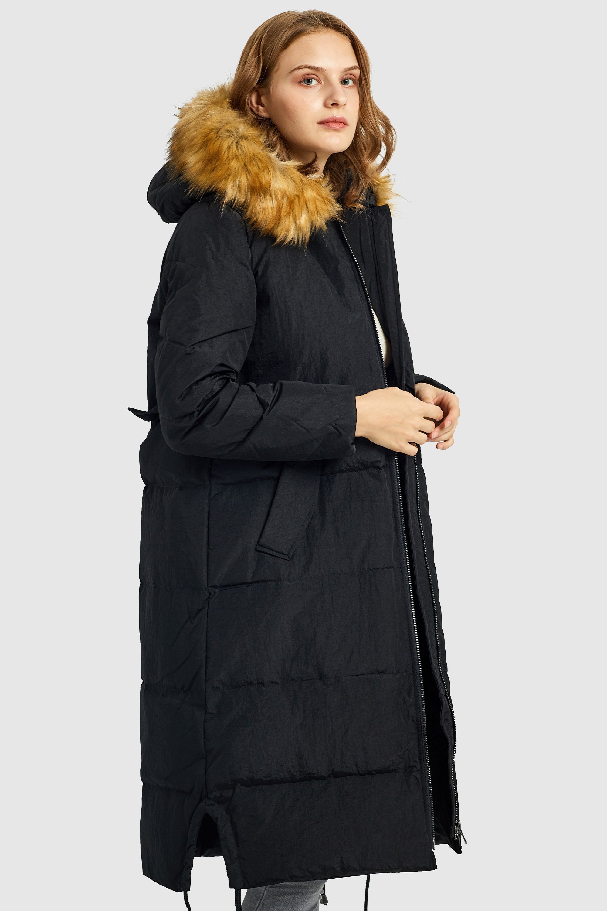 Orolay-Winter Drawstring Down Coat Removable Faux Fur-#color_Black