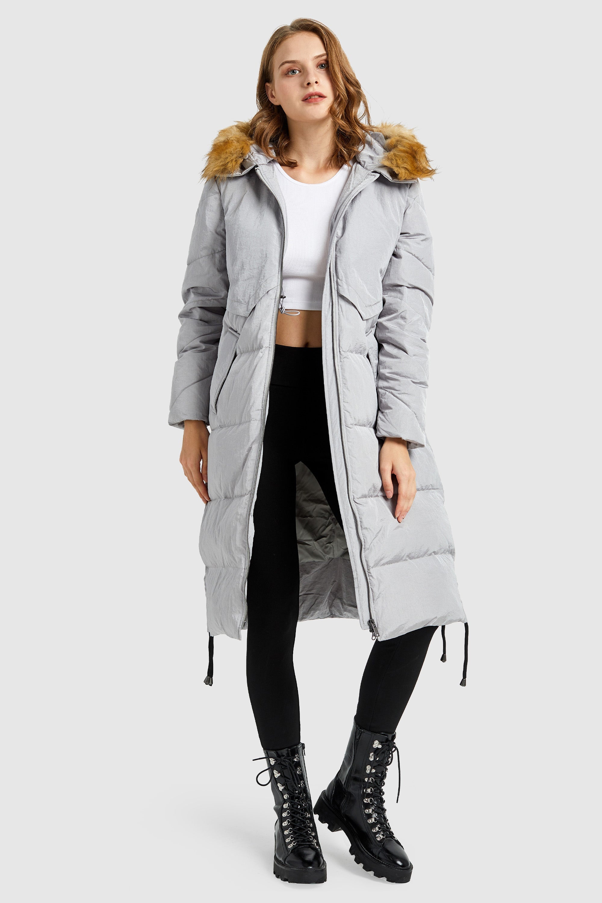 Orolay-Winter Drawstring Down Coat Removable Faux Fur-#color_Oyster Mushroom