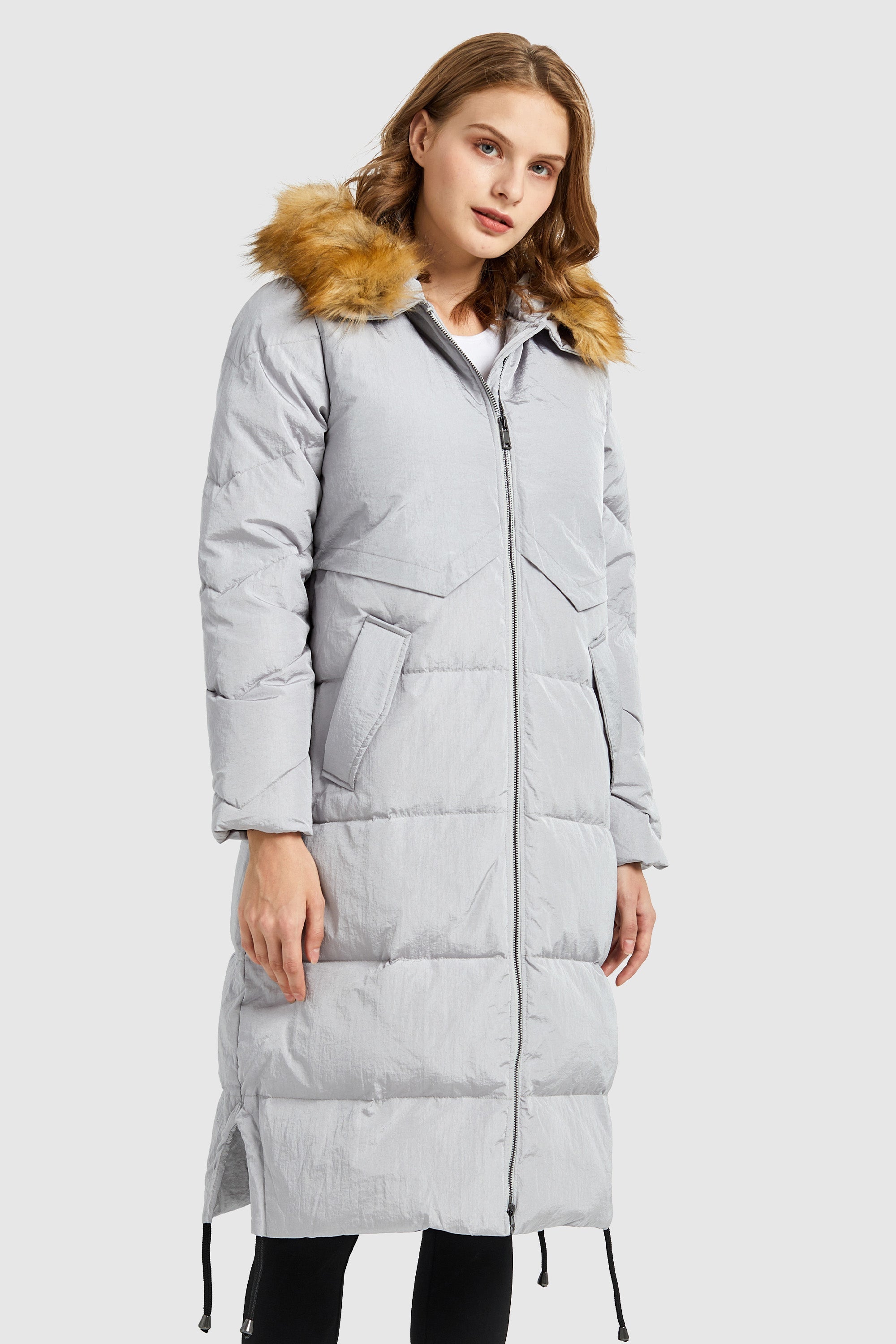 Orolay-Winter Drawstring Down Coat Removable Faux Fur-#color_Oyster Mushroom