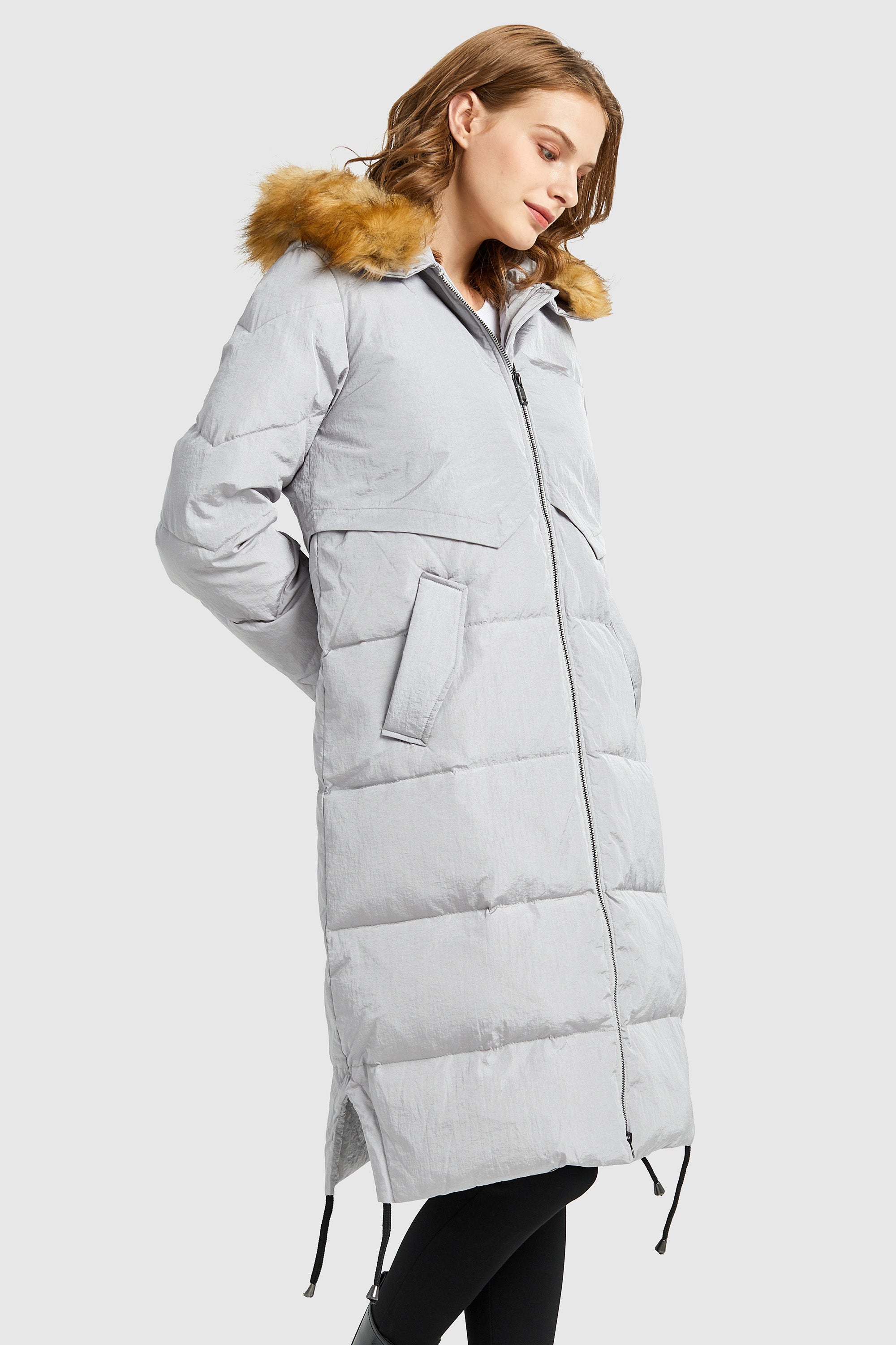 Orolay-Winter Drawstring Down Coat Removable Faux Fur-#color_Oyster Mushroom