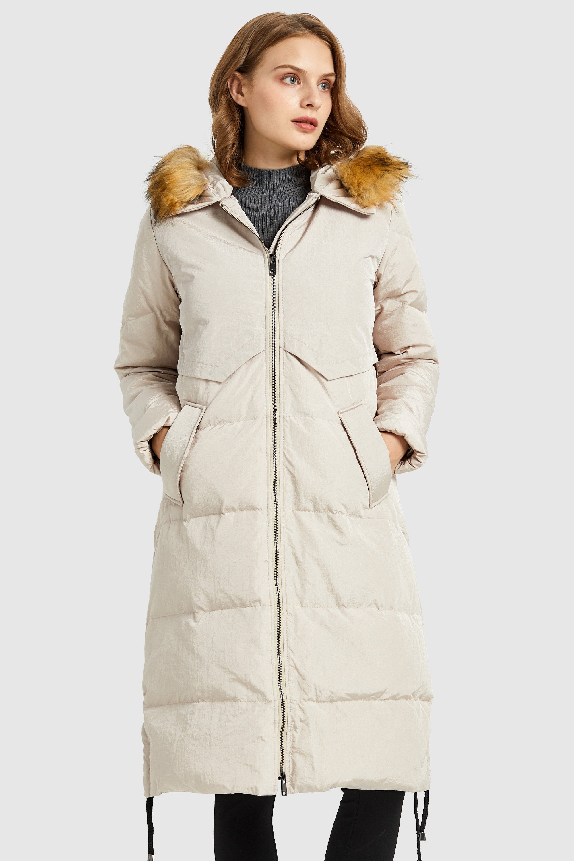 Orolay-Winter Drawstring Down Coat Removable Faux Fur-#color_Tofu