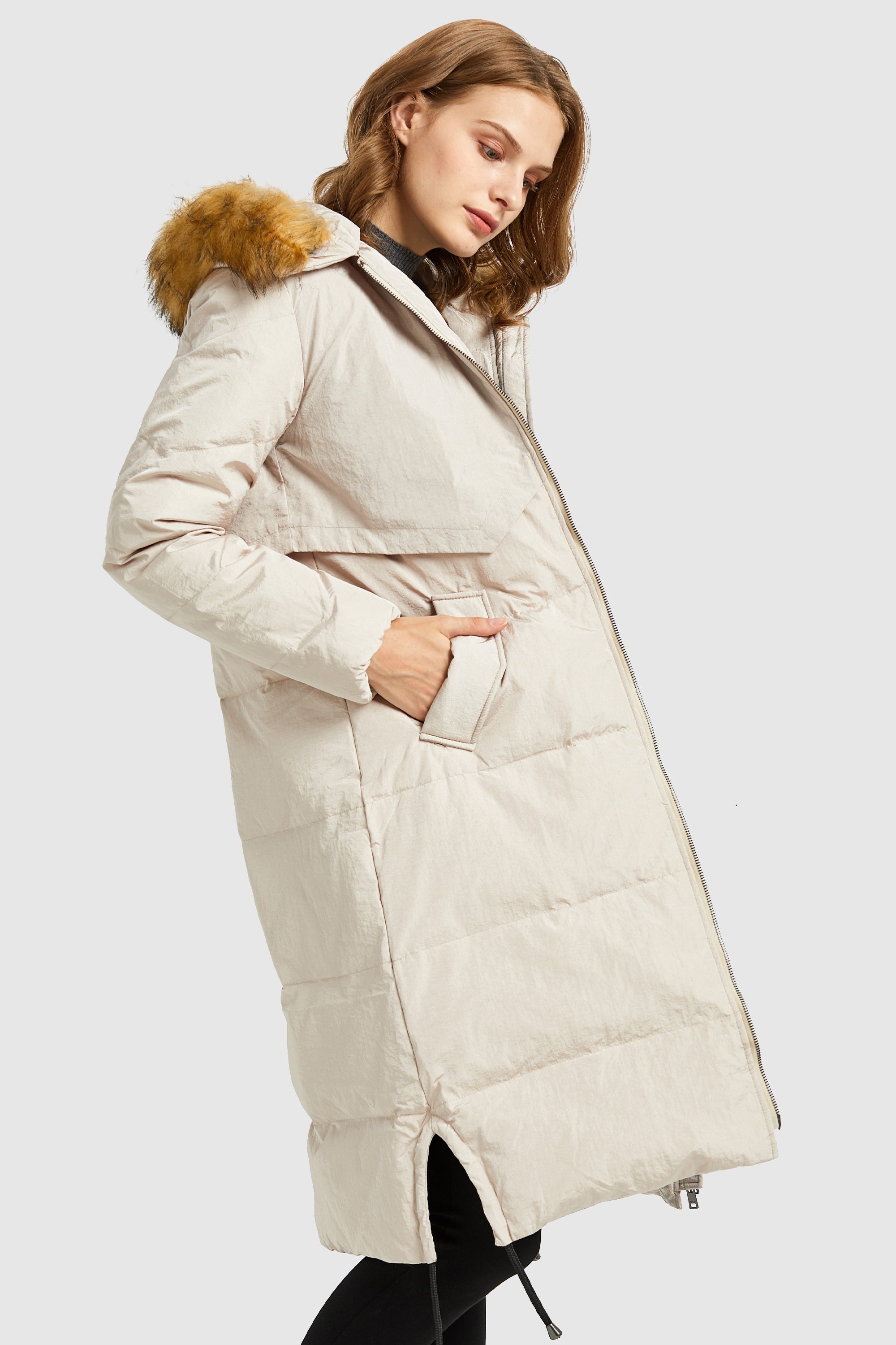 Orolay-Winter Drawstring Down Coat Removable Faux Fur-#color_Tofu