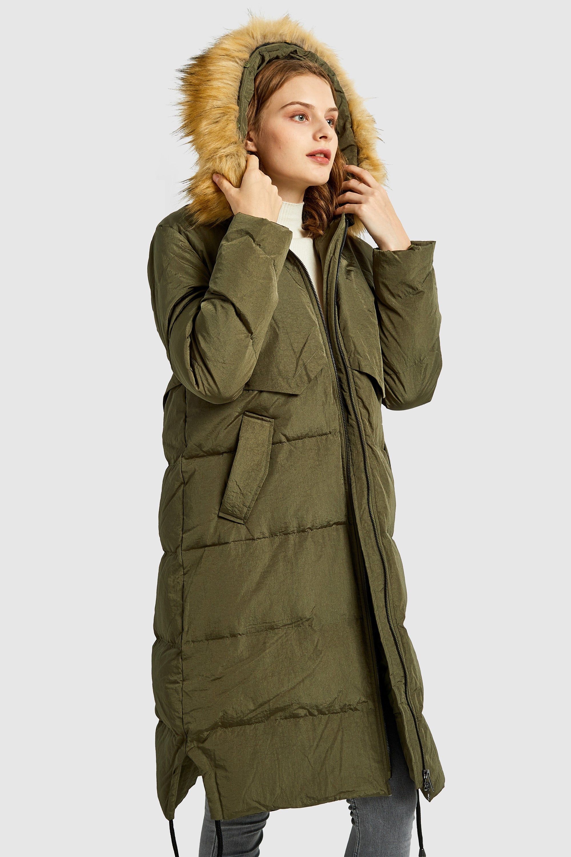 Orolay-Winter Drawstring Down Coat Removable Faux Fur-#color_Peat Moss