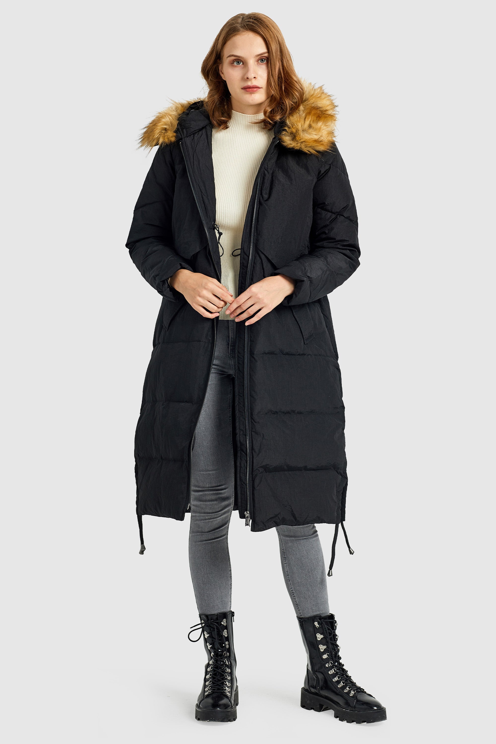 Orolay-Winter Drawstring Down Coat Removable Faux Fur-#color_Black