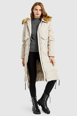 Orolay-Winter Drawstring Down Coat Removable Faux Fur-#color_Tofu