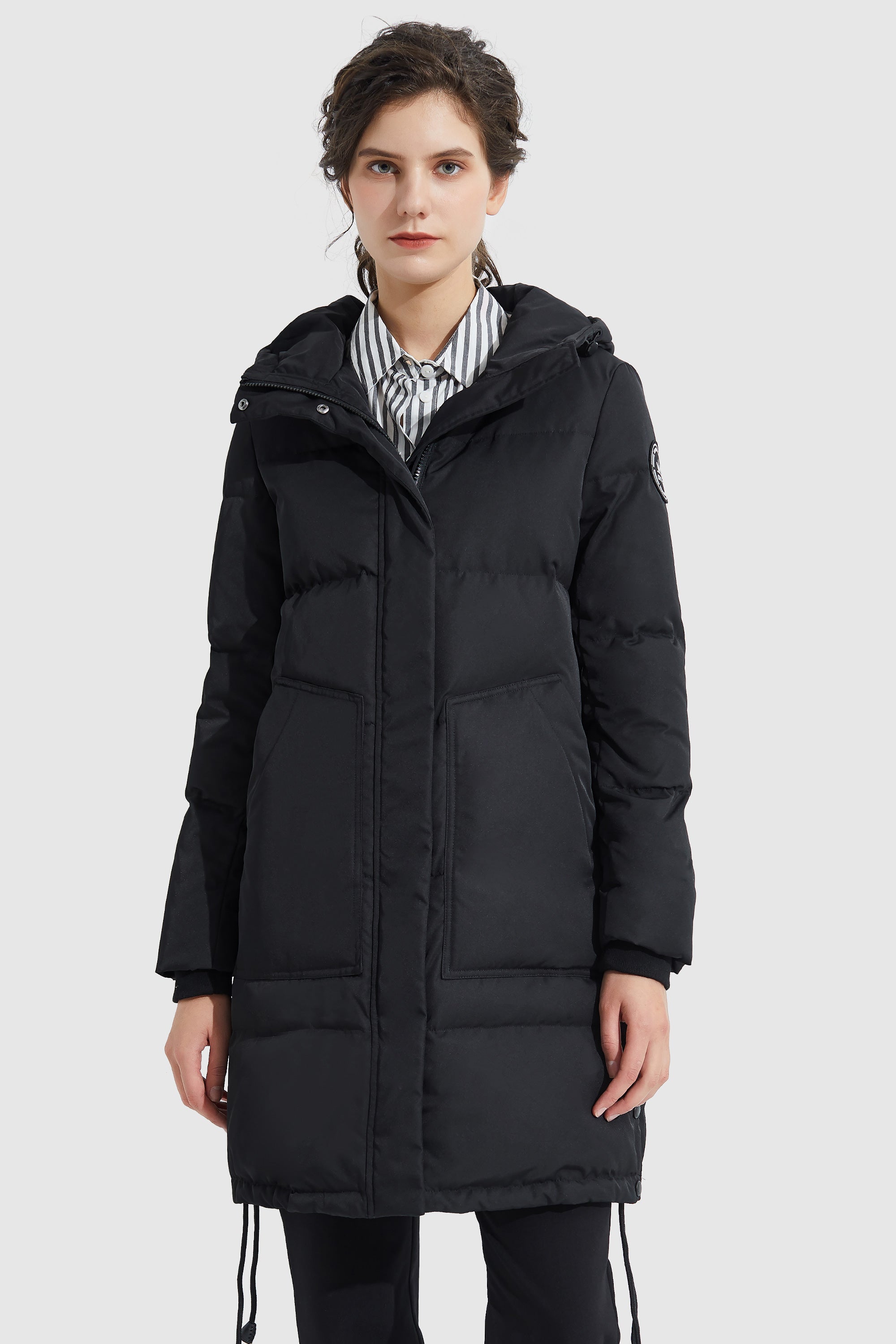 Orolay-Winter Long Double Snap Hooded Down Jacket-#color_Black