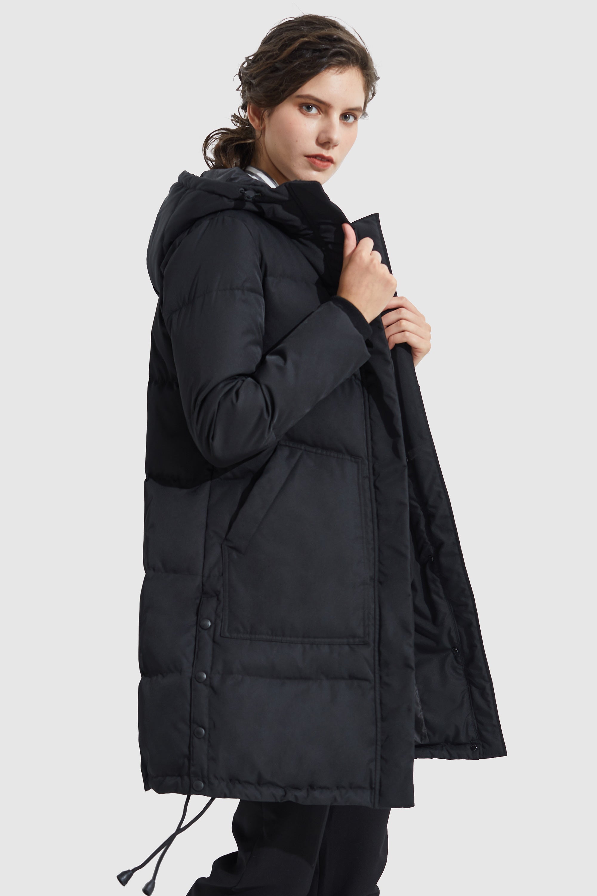 Orolay-Winter Long Double Snap Hooded Down Jacket-#color_Black