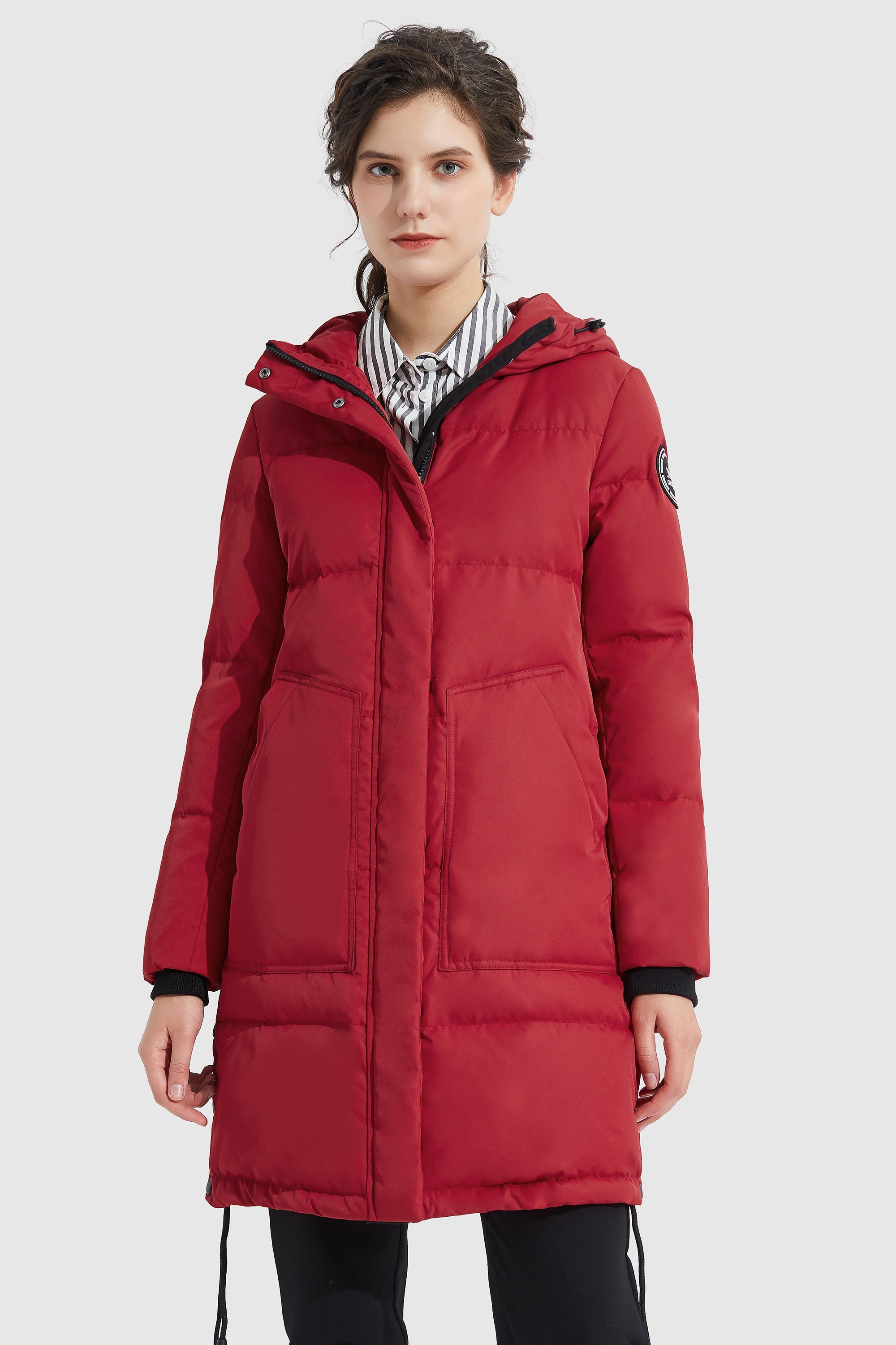 Orolay-Winter Long Double Snap Hooded Down Jacket-#color_Racing Red