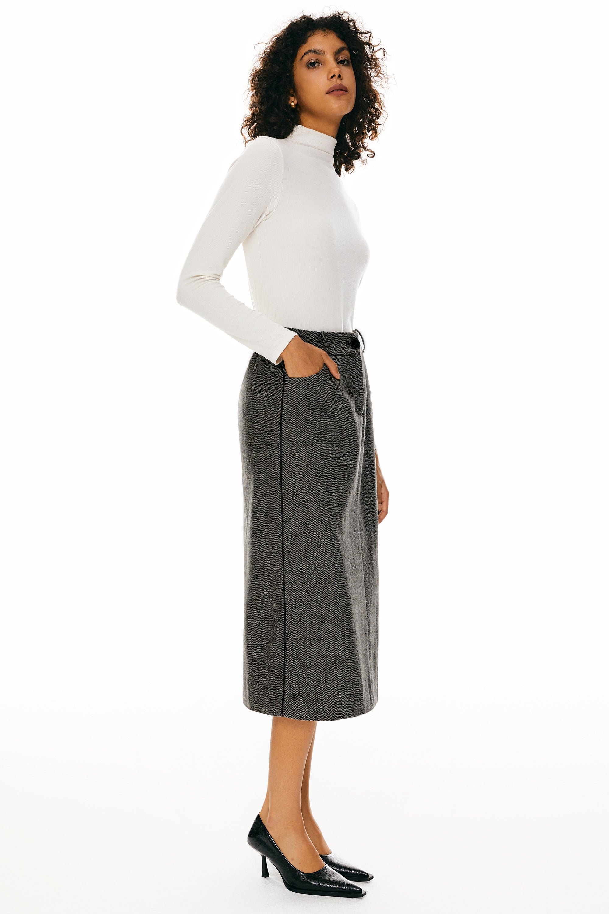 Orolay-Wool Midi Office Skirt-Image 3 of Wool Blend Straight Line Skirts from Orolay - #color_Black stripes