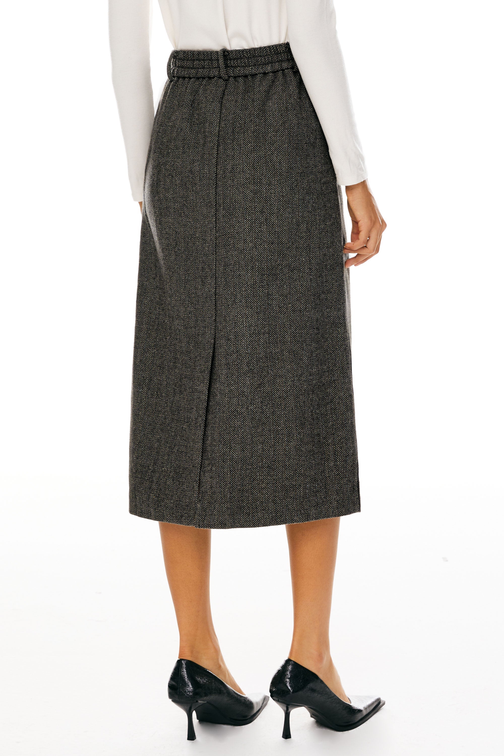 Orolay-Wool Midi Office Skirt-Image 4 of Wool Blend Straight Line Skirts from Orolay - #color_Black stripes