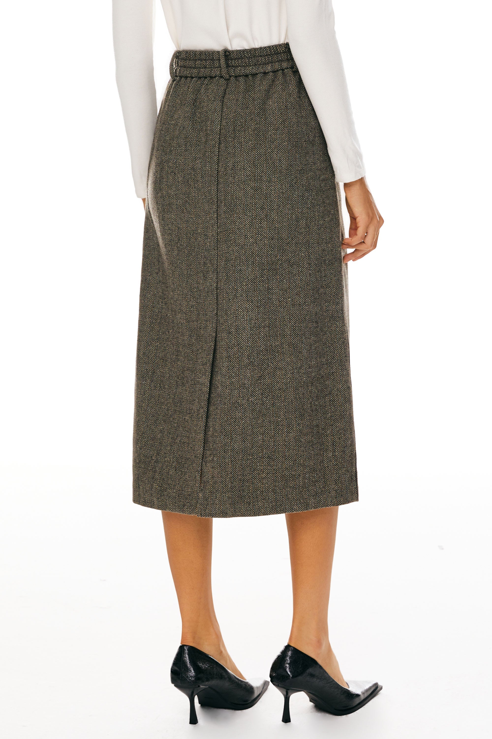 Orolay-Wool Midi Office Skirt-Image 5 of Wool Blend Straight Line Skirts from Orolay - #color_Brown stripes