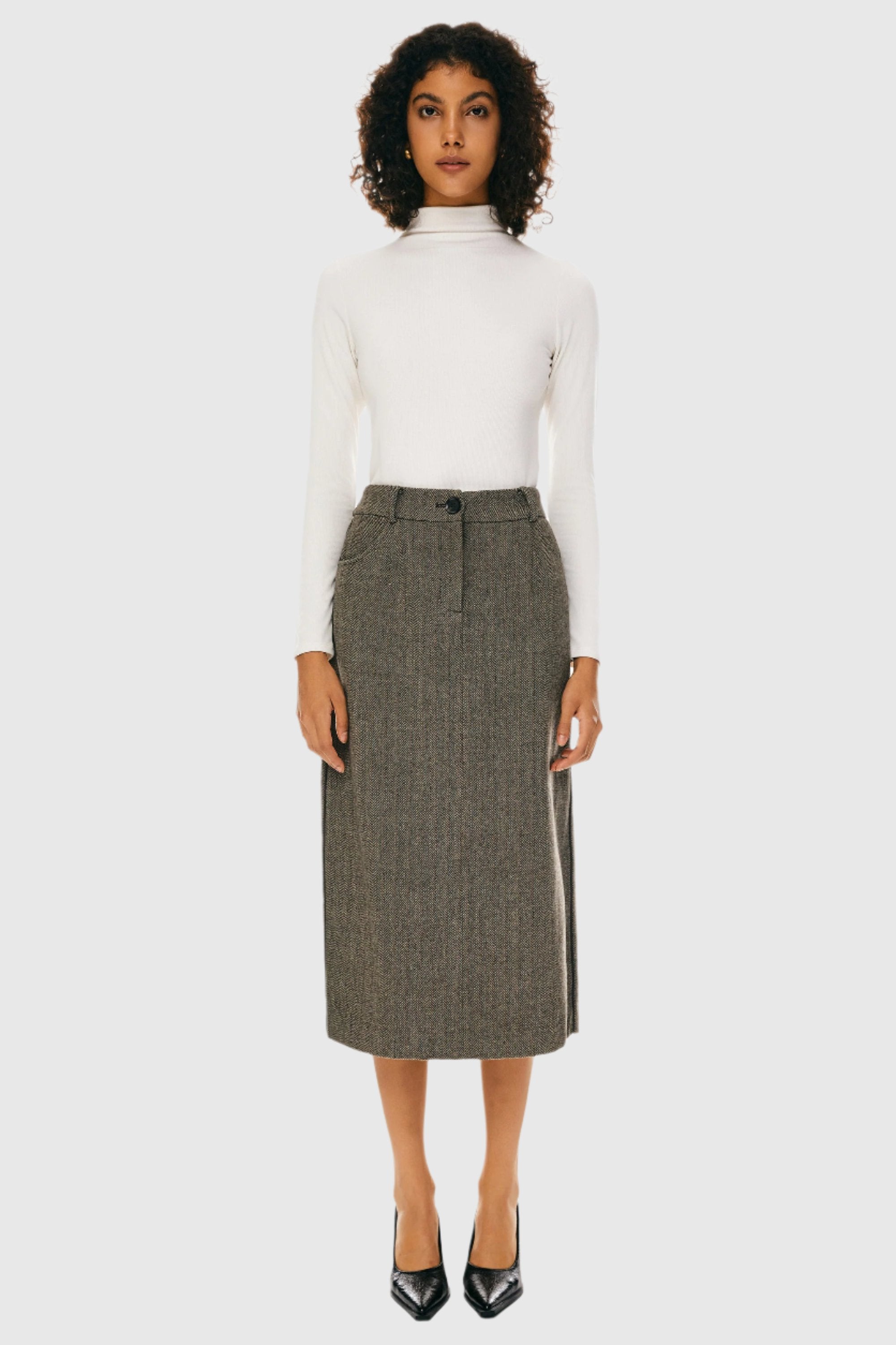 Orolay-Wool Midi Office Skirt-Image 1 of Wool Blend Straight Line Skirts from Orolay - #color_Brown stripes