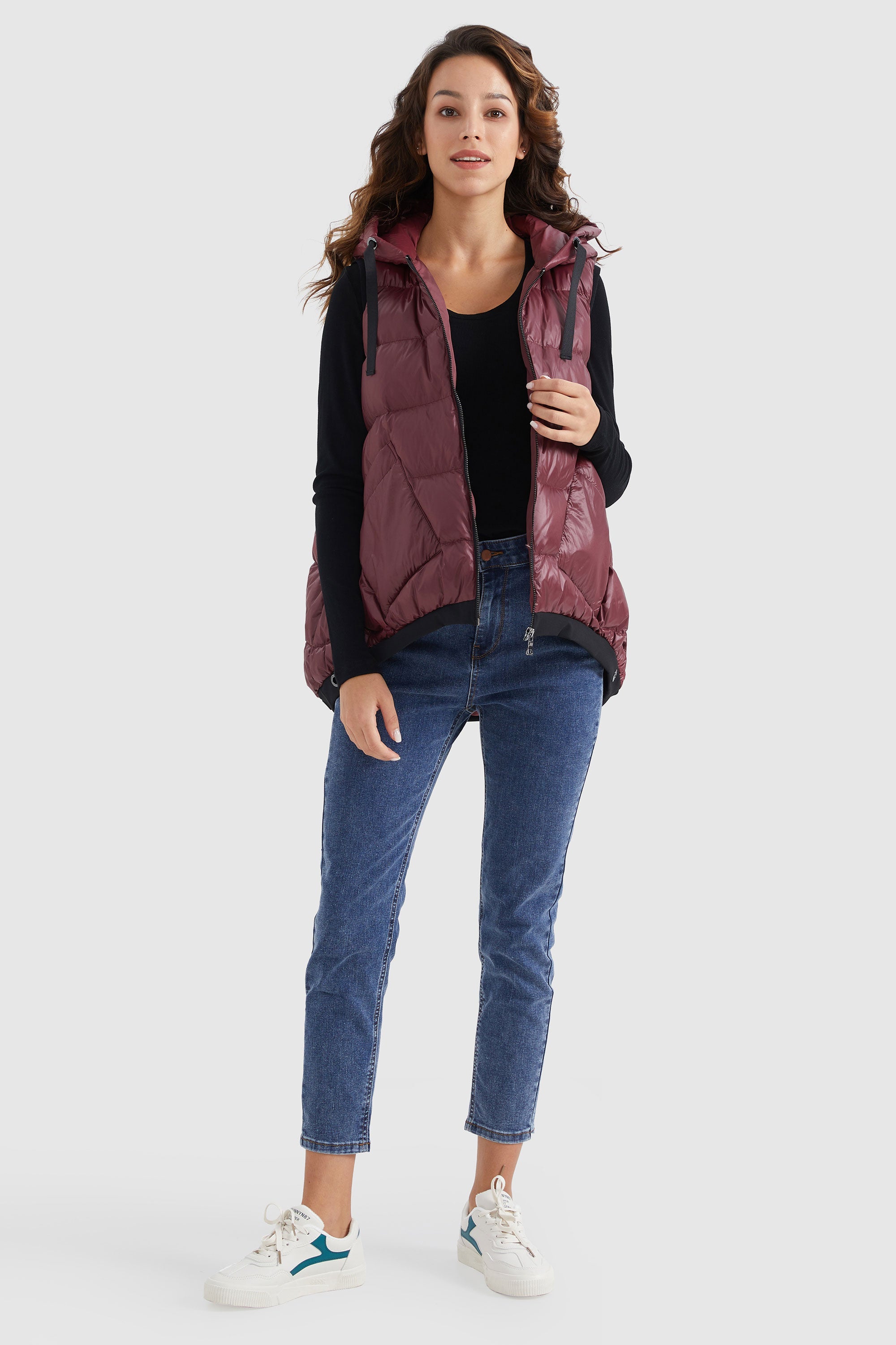 Orolay-Zip Up Hooded Quilted Puffer Down Vest-#color_Syrah