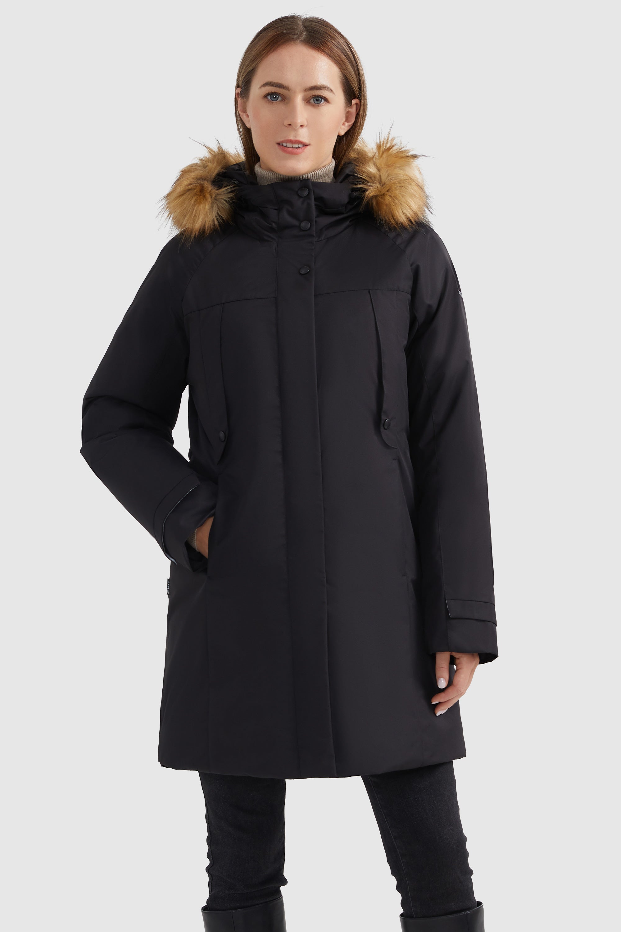 Orolay-Zip up Snap button Hooded Down Coat-#color_Black