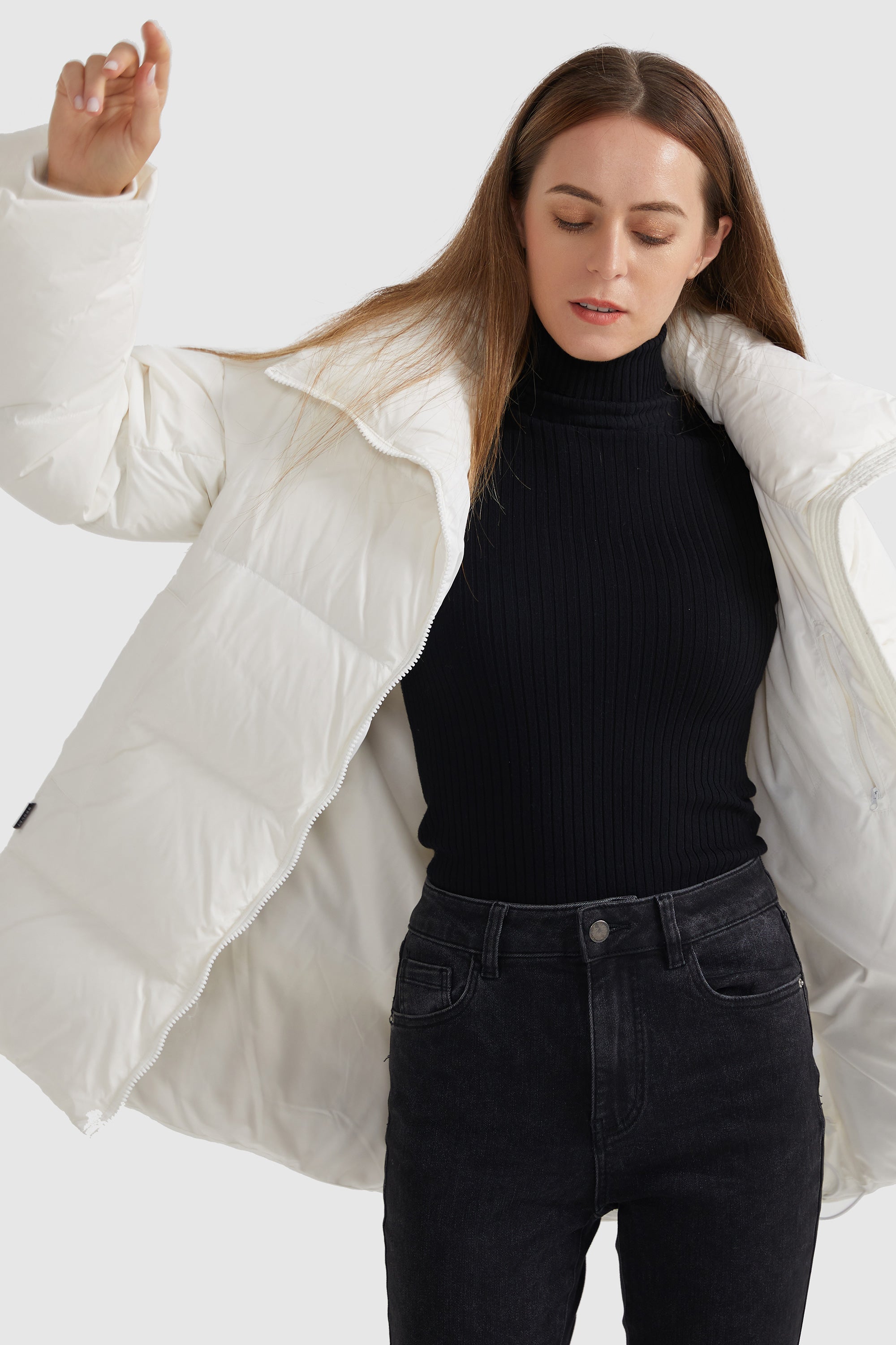 Orolay-Zipper Front Puffer Down Coat-#color_White