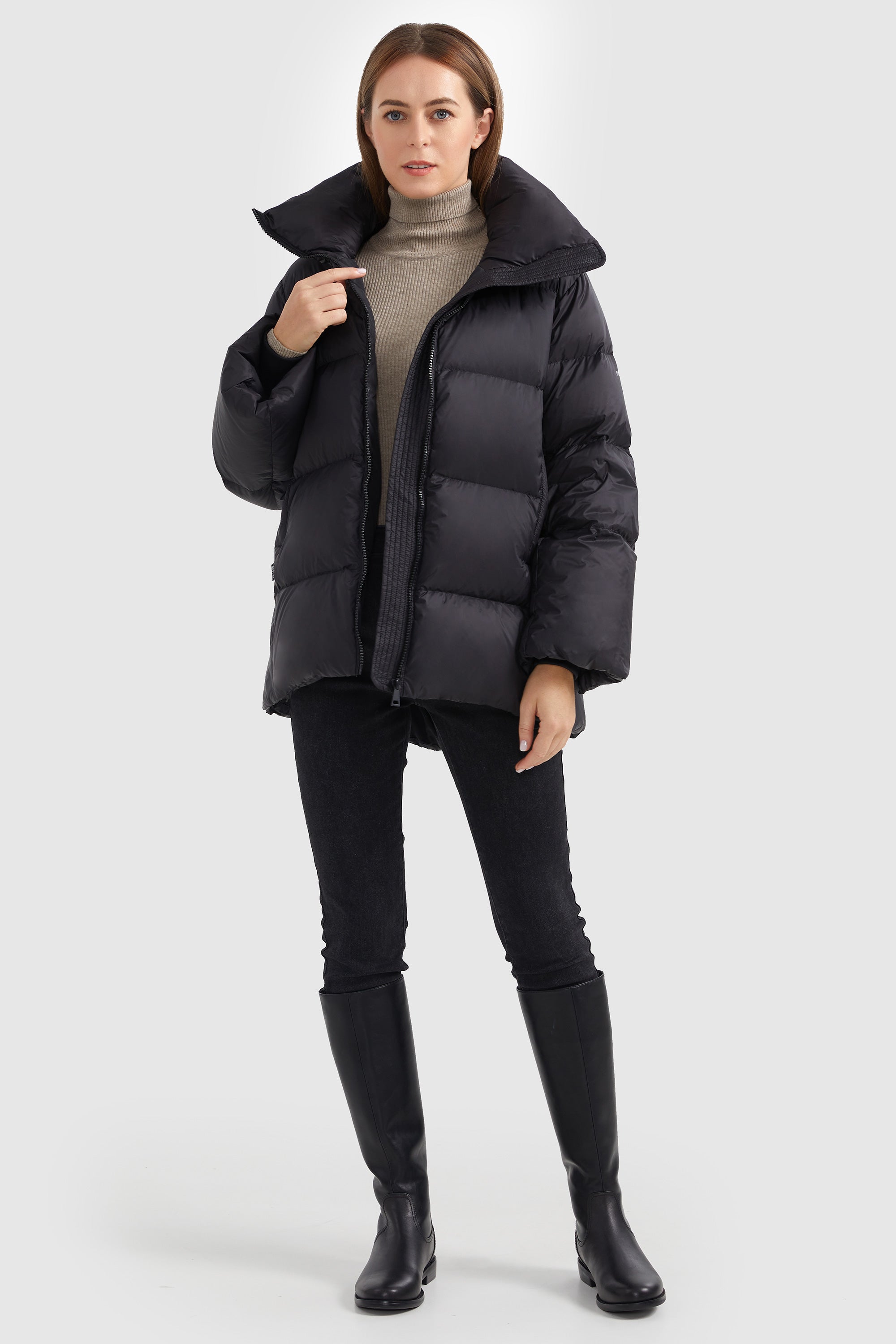 Orolay-Zipper Front Puffer Down Coat-#color_Black