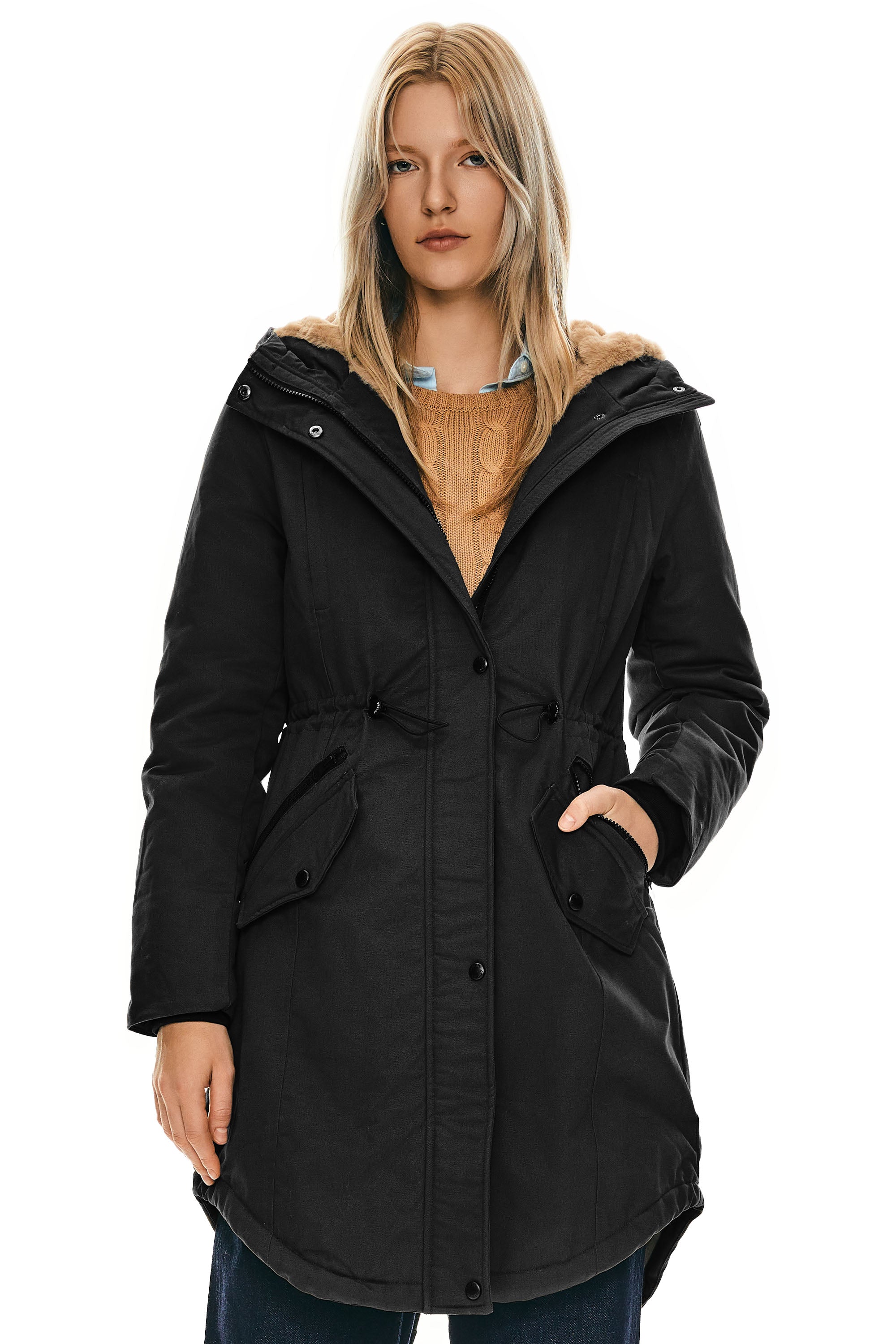 Parka-Drawstring Waist Fleece - Lined Parka - Orolay, #color_Black