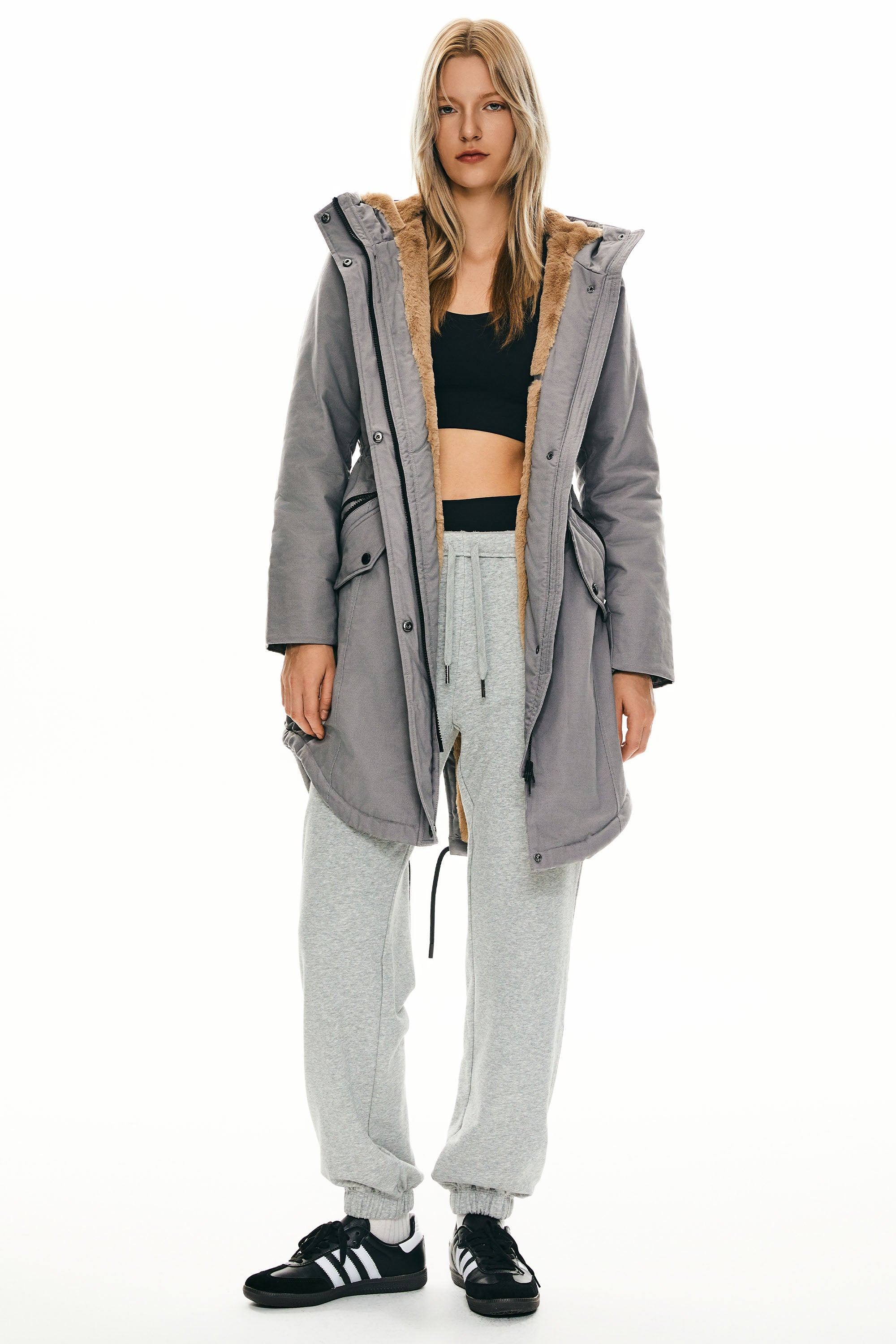 Parka-Drawstring Waist Fleece - Lined Parka - Orolay, #color_Quiet Gray