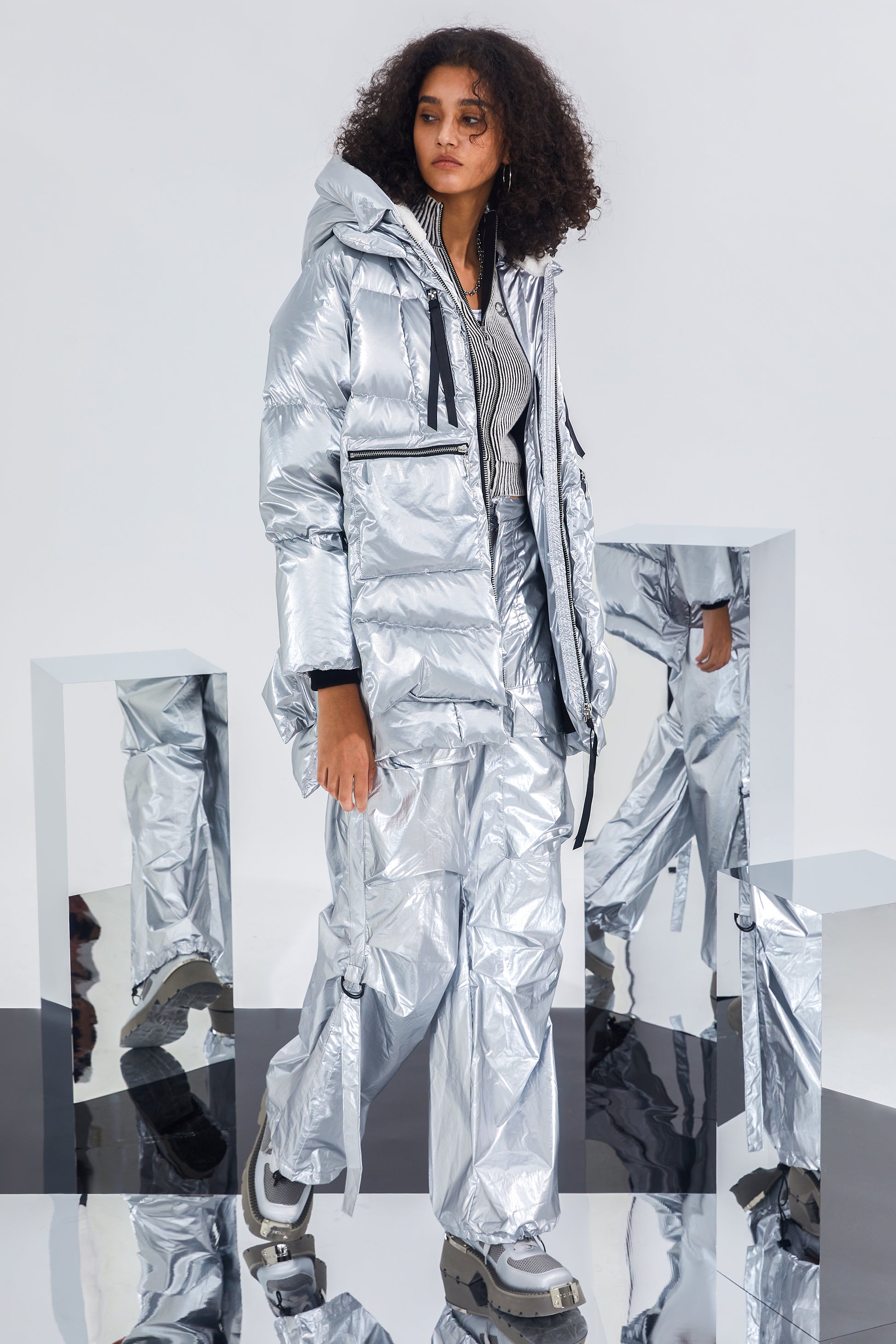 Silver Metallic Hooded Faux Fur-Trimmed Puffer Coat