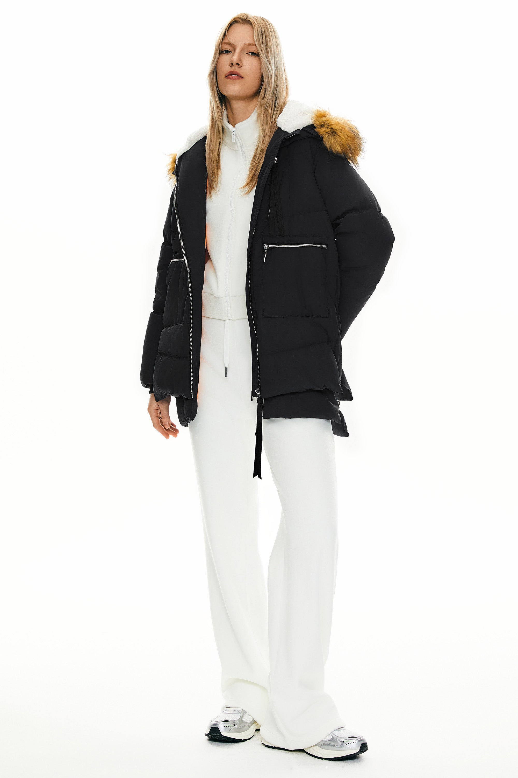 Orolay 092 Classics Thickened Down Jacket with Faux Fur Hood women #color_Black