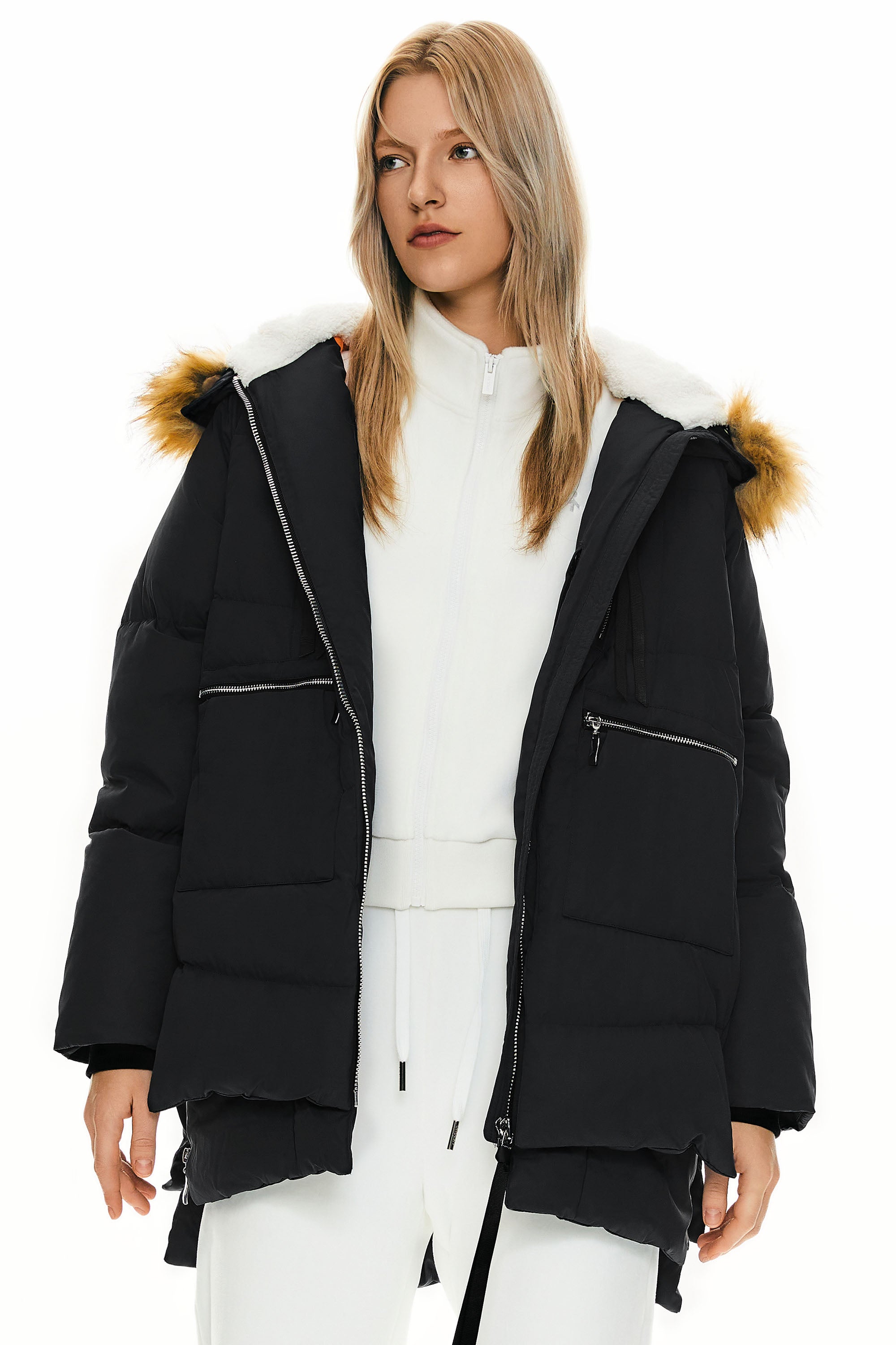 Orolay 092 Classics Thickened Down Jacket with Faux Fur Hood women #color_Black