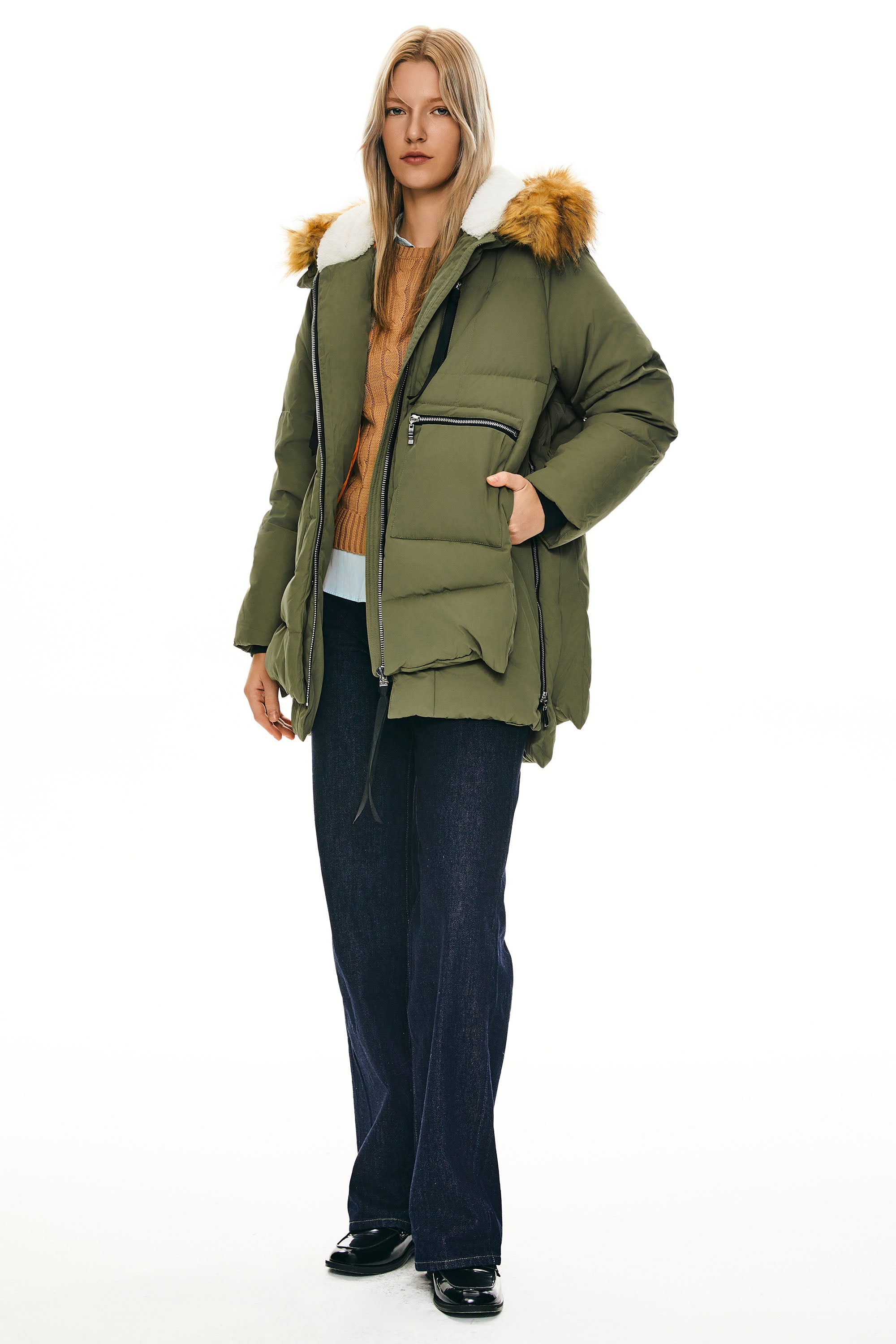 Orolay-092 Classics Thickened Down Jacket with Faux Fur Hood #color_Peat Moss