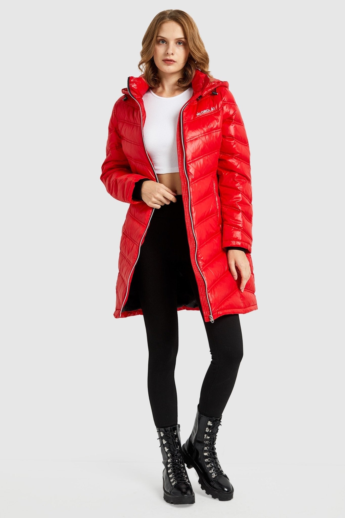 Long Quilted Hooded Puffer Down Jacket - Orolay, #color_Cherry Tomato