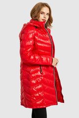 Long Quilted Hooded Puffer Down Jacket - Orolay, #color_Cherry Tomato