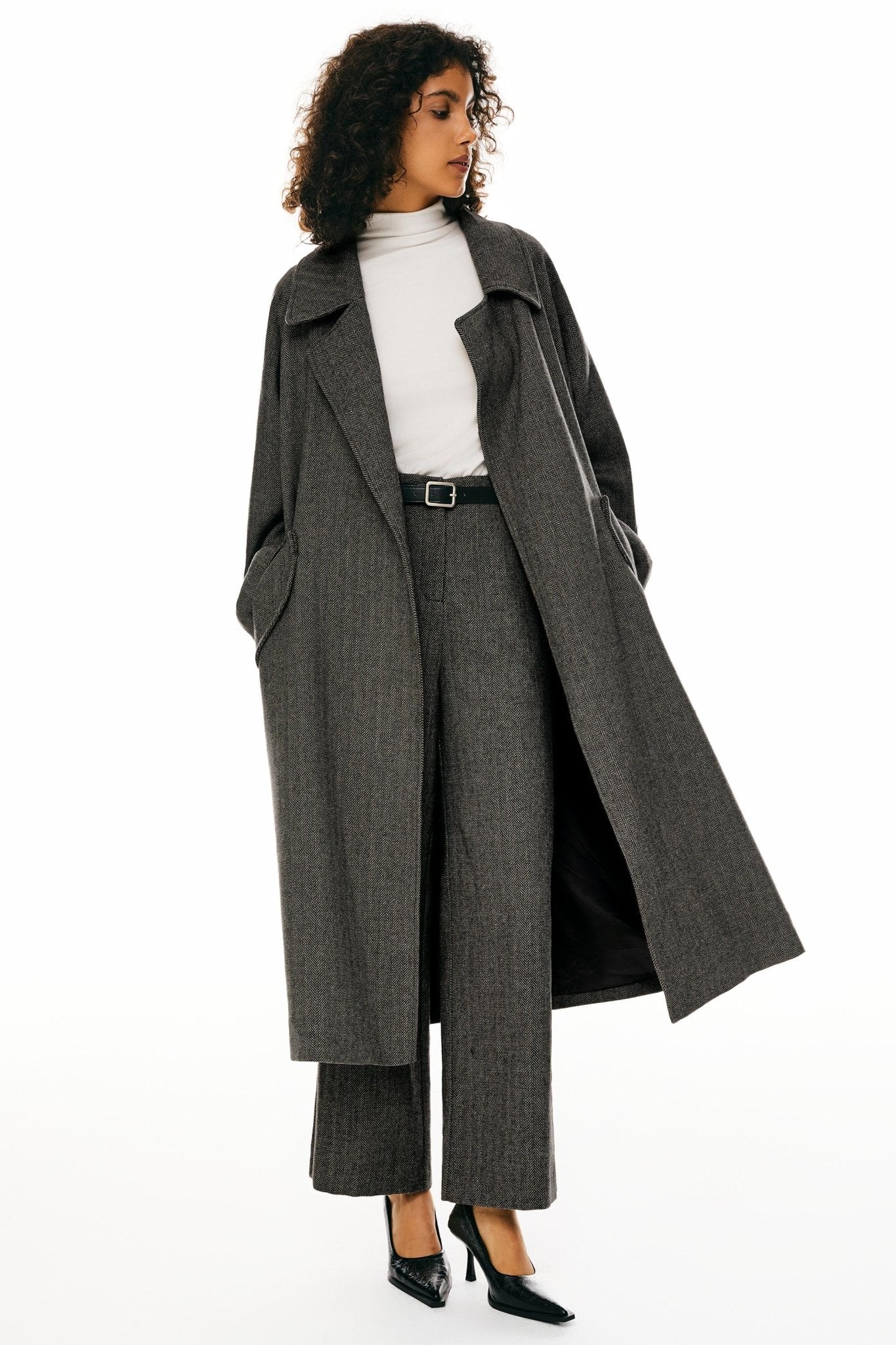 Oversized Long Pea Coat - Orolay, #color_Black stripes