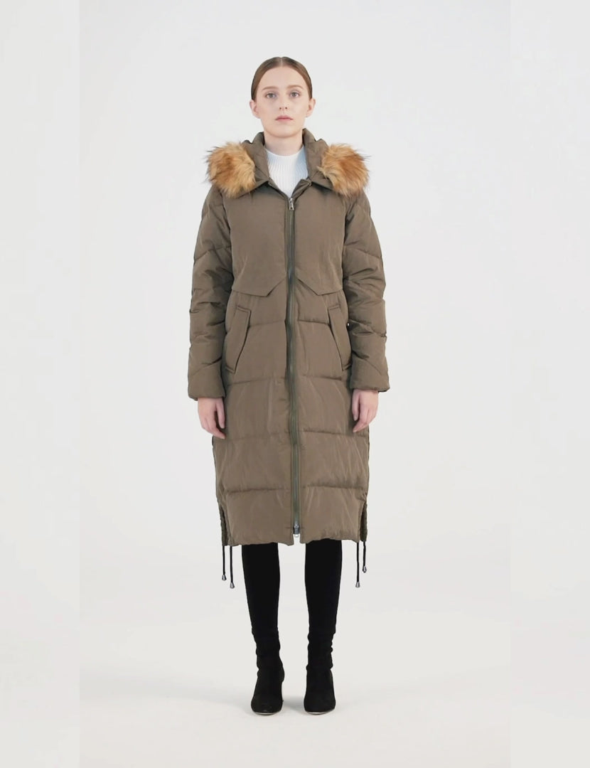 Winter Drawstring Down Coat Removable Faux Fur #color_Peat Moss,Tofu,Black,Oyster Mushroom